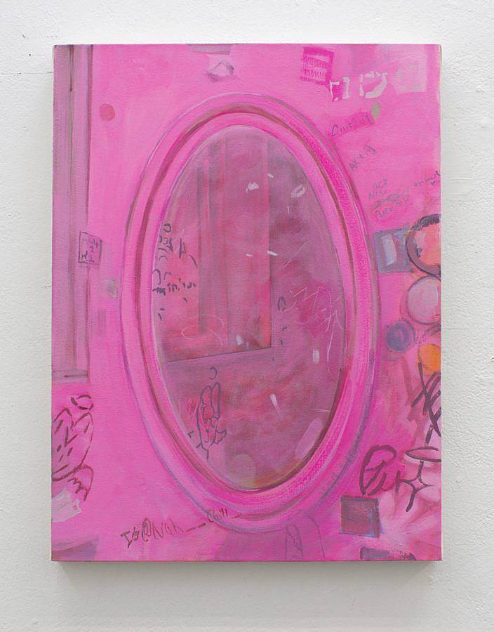 Image description: featured here is "Pink Mirror", a painting which measures 24 inches in height, 18 inches in width, and 1.5 inches in depth. The work is acrylic and flashe on canvas and features an oval shaped mirror painted in pink with various marks and scratches surrounding its perimeter. 