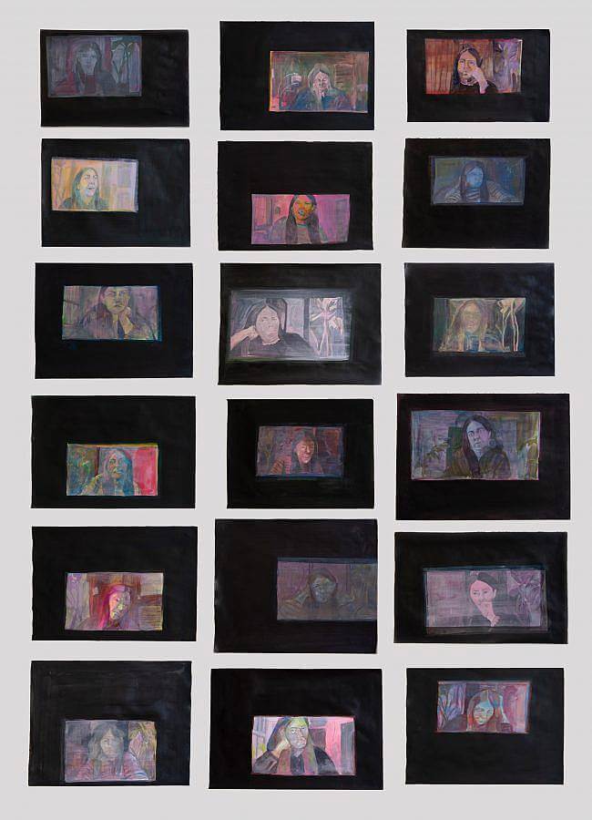 Image description: this image documents a work titled "Screenshots" from 2020. The work featured includes 18 acrylic and gouache paintings on paper. Each painting is 16 inches in height and 19 inches in width, all of which feature a black boarder surrounding paintings of images that have likely been made using a computer webcam.