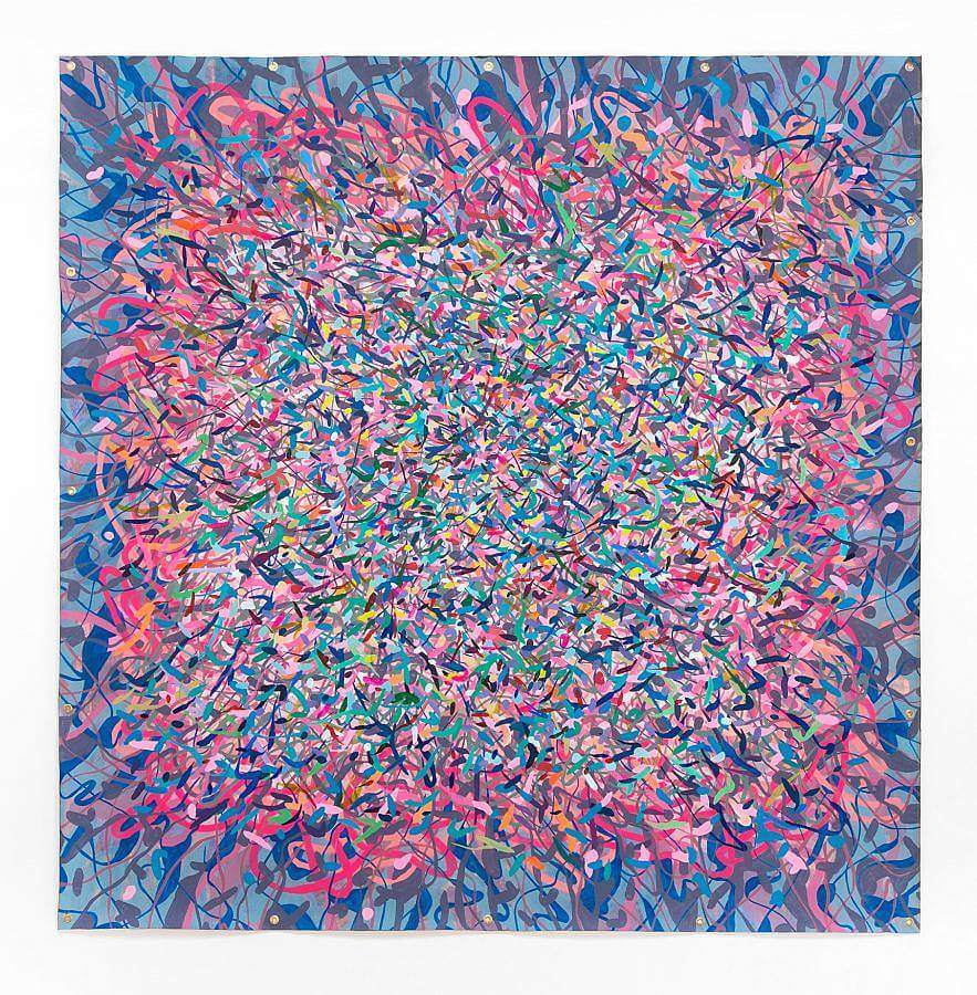 Image description: this image documents a work titled "The Sun Will Soon Burn Out Causing Many People Great Relief". The painting measures 84 inches in height and 81 inches in width. The painting features a soft convergence of small multi colored marks in its center. The marks around the edges are shades of blue and the marks near to the center are predominantly pink, green, yellow, and black. 