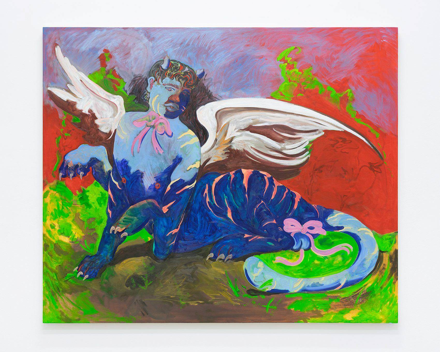 Image Description: The work featured here is titled "Final Fantasy" it measures 60 inches in height and 72 inches in width. The painting features a winged figure with a human upper body and the lower body of a tiger. The figure is blue and pink and is reclining on a red and green landscape.