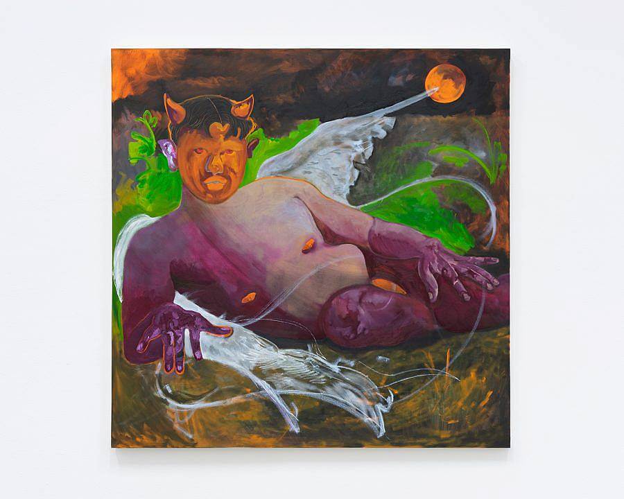 Image description: the work featured here is titled "Willing and Ready For The Taking". This is an oil painting on canvas that measures 48 inches by 48 inches. The painting features a reclining angelic figure with wings and horns. Their face is orange and their body is purple, they are seated amongst a green and orange landscape.