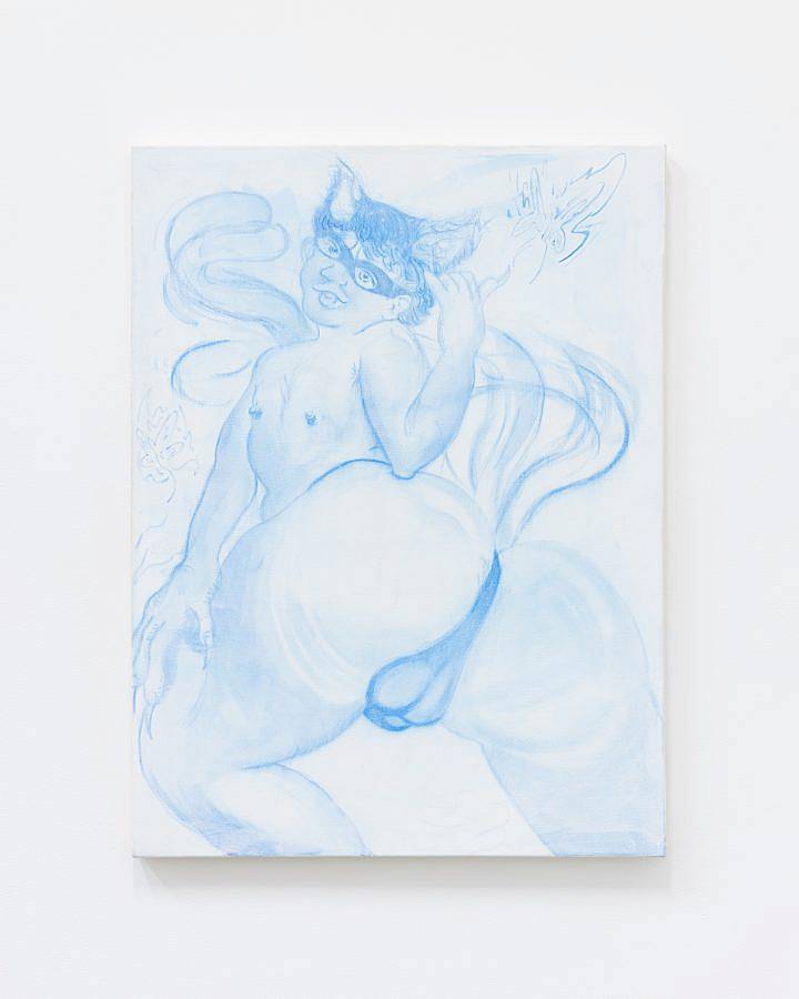 Image Description: featured in this image is a work titled "Bussy Boy" which measures 40 inches in height and 30 inches in width. The work is India ink and acrylic on canvas and features a human figure with horns and a tail like appendage who is turning around and facing the viewer. The work is predominately blue and white.