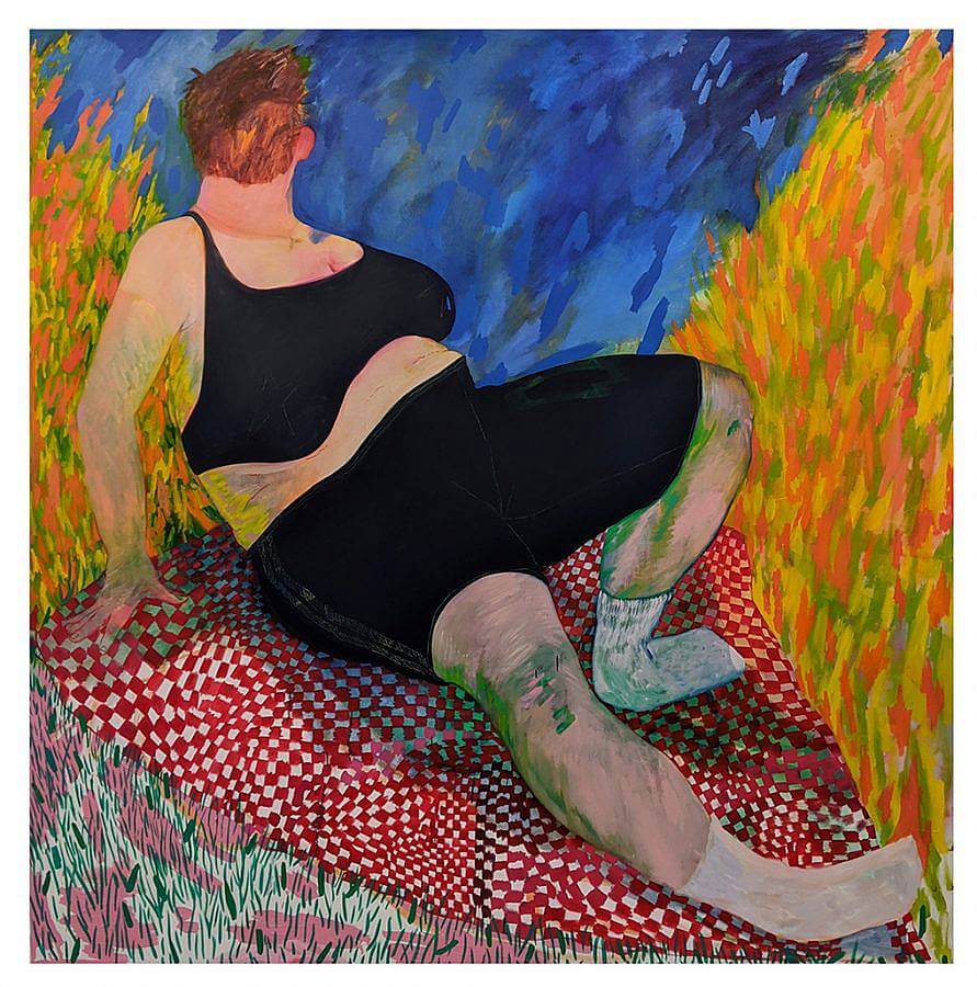 Image Description: This is a painting of a figure with red hair wearing a black sports bar, black shorts and white socks. The figure is laying on a check red and white blanket. They are surrounded by loose brushstrokes in shades of blue, orange, and yellow.