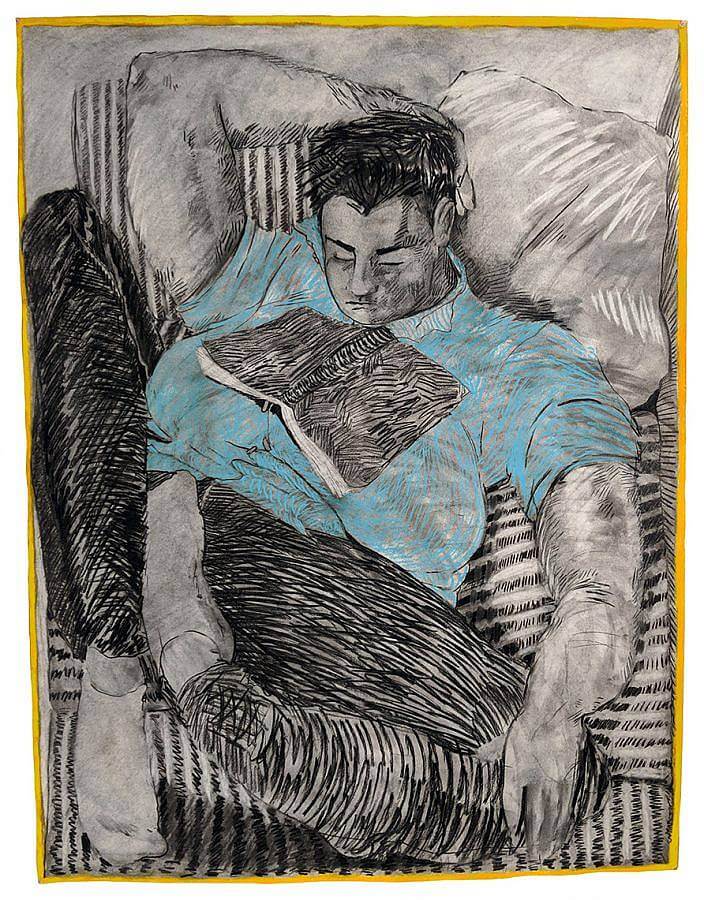 Image Description: This is a charcoal and pastel drawing of a figure leaning back with an open book on their chest. The figure is wearing a light blue shirt and the rest of the drawing is done in black and white. The figure has one hand behind their head, their legs are crossed, and their eyes are closed.