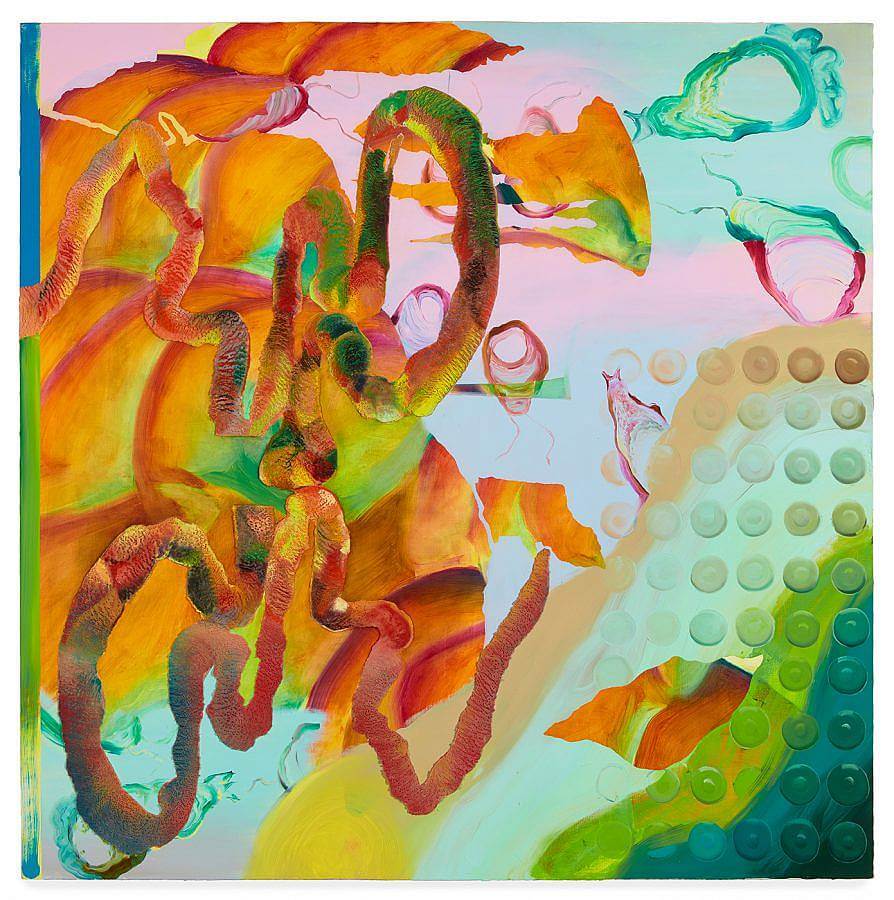 Surreal and abstract painting. Forms painted in saturated orange, red, and green, that look like tentacles move about on left side and foreground of the painting. Small wispy forms painted in red and green dances about in the background against a soft green,pink, and blue pastel background. To the right bottom corner is a serialized set of circles. 