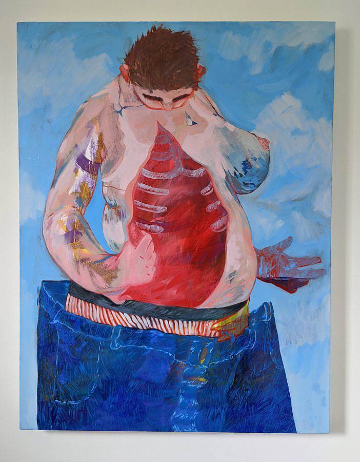 Image Description: This is a painting of a slightly abstracted figure opening up their chest. Inside the figure, the viewer can see the rib cage and the figure is looking down. They are also wearing oversized jeans ad are standing in a sky blue background with clouds.