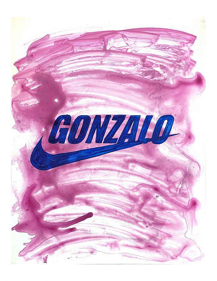 Painting by Gonzalo Hernandez. In the middle of the painting the name "Gonzalo" is painted in blue bolded uppercase letters, just above the Nike emblem. The bottoms of the letters 'A' and 'L' intersect with the emblem, and the letter 'O' at the end is intersected through one third of itself. The backdrop is a washed-out dark pink, done with watery quick brush strokes. 