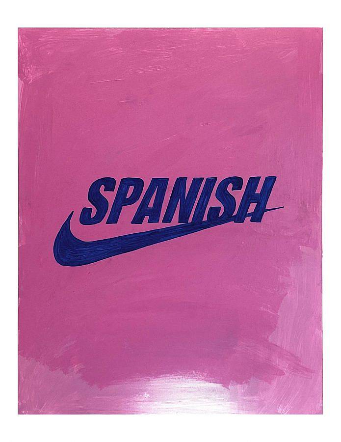 Painting by Gonzalo Hernandez. In the middle of the painting the name "SPANISH" is painted in blue bolded uppercase letters, just above the Nike emblem. The bottoms of the letters 'I' and 'S' intersect with the emblem, and the letter 'H' at the end is intersected through one third of itself. The backdrop is a varying tones of pink, done with layered heavy brush strokes. The bottom of the painting is missing a layer of paint so it is lighter shade of pink. 