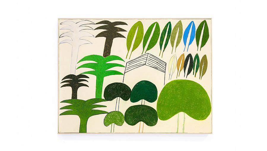 Photograph of a drawing. The drawings is on an off yellow canvas. Trees are show in different shades of green and brown on the left and bottom part of the image. There are palm trees and rounded trees. Some sort of barn is in the middle of the work. Leaves of all different natural colors are present in the top right corner.