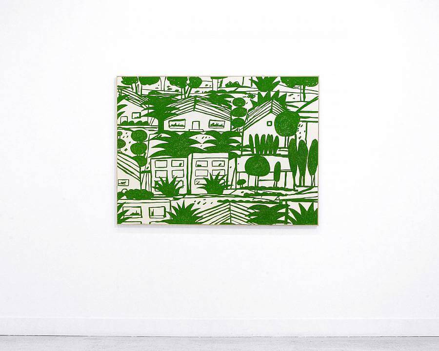 All green print. Palm trees and rounded trees are interspersed among line drawings of buildings. 