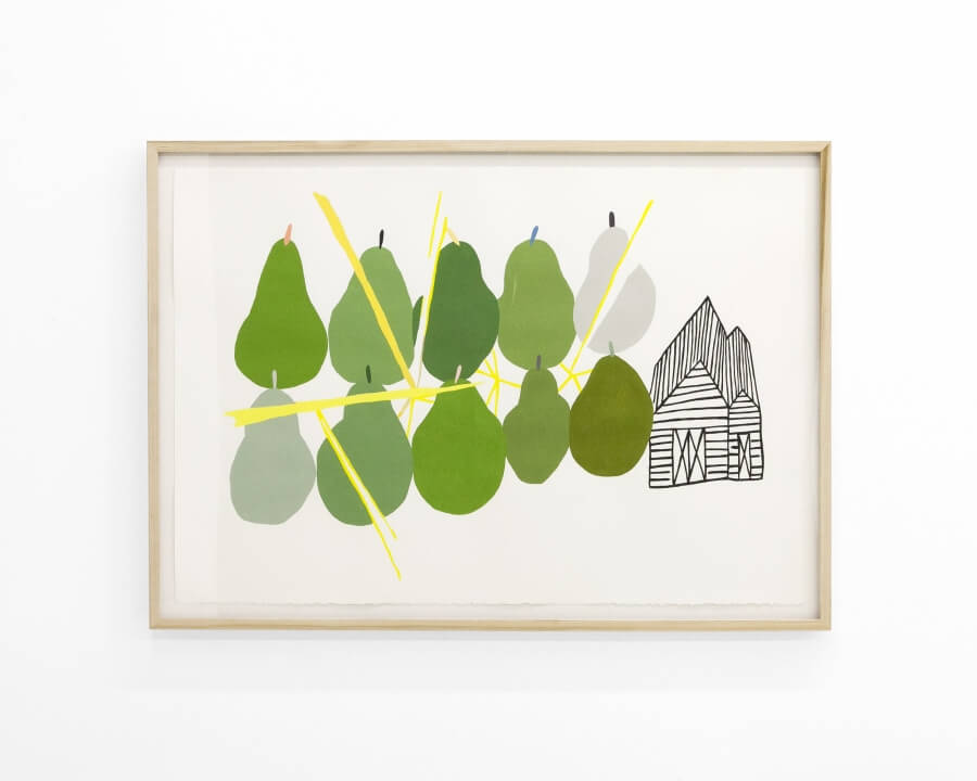 A framed painting. Ten pears are painted, five on top, five on bottom. They vary in color green, some are a soft grey. A barn is pictured next to them in black linework. 