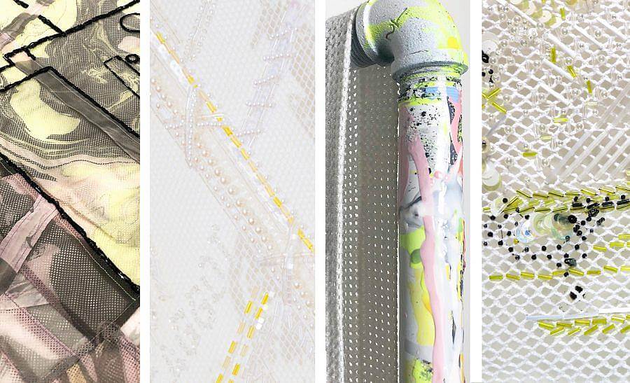 An image is separated into four vertical panels. Left panel features a marbled polyester mesh, Second to left panel features an embroidered and beaded white lace detail, some letters are visible in the lace, second to right panel features a pipe that is painted over with colorful brush strokes, a mesh cloth lays over it, Right panel features detailed lace with sequins and beads embroidered on it. 