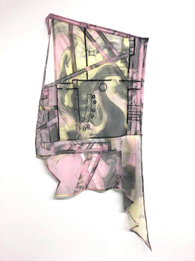 A marbled mesh polyerster of pinks, yellows and greys is embroidered with black thread. The thread depicts on outline of the layout of JackHammer bar.