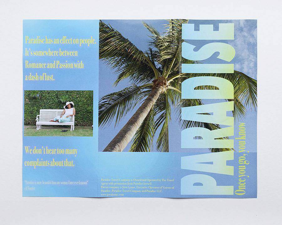 Image description: A light blue paradise pamphlet with an image of palm tree is displayed. 