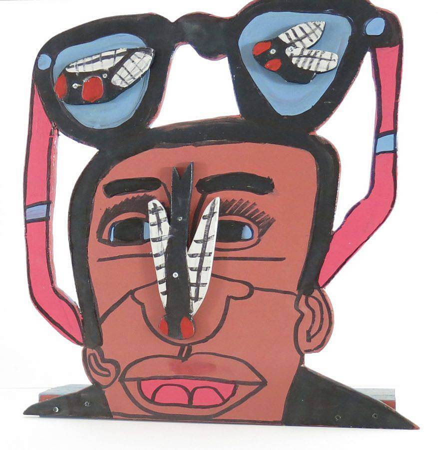 Image description: A painted illustration of a black man with a fly on his nose, a pair of glasses is above his head, images of illustrated flies appear in both frames. 