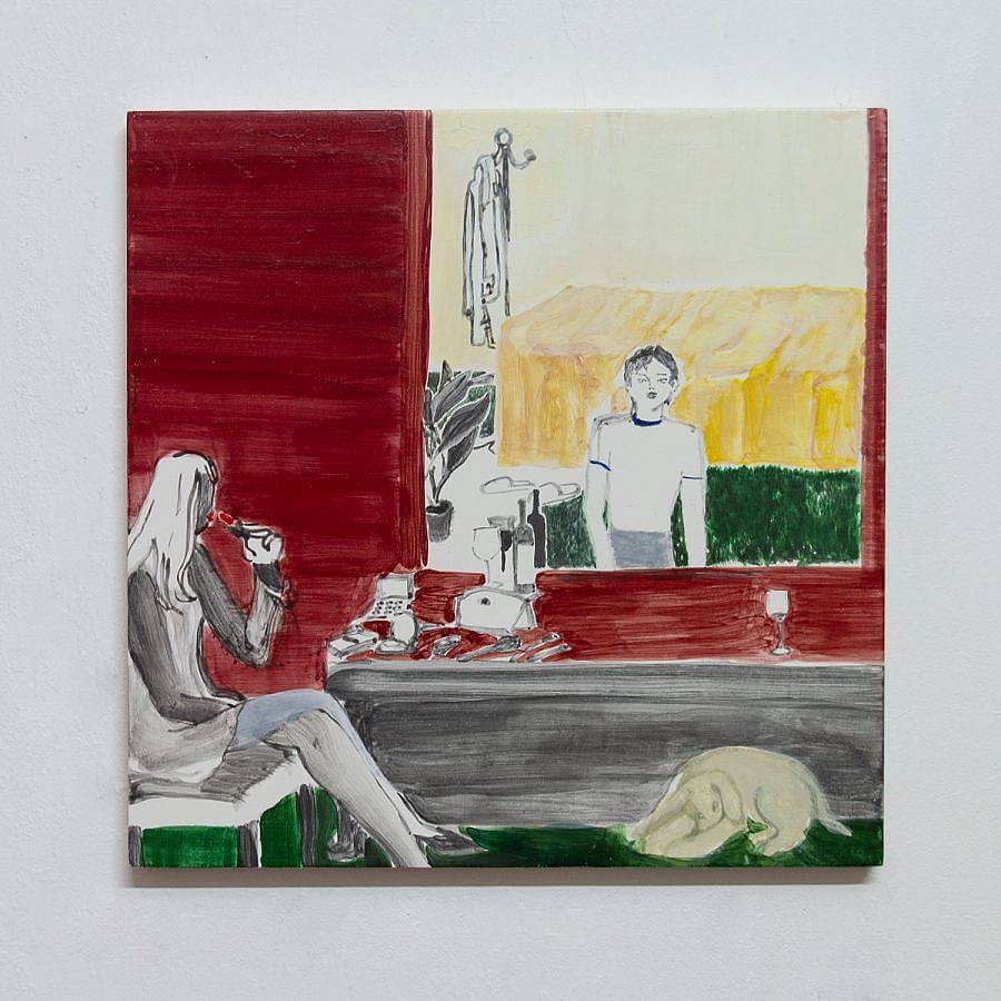 In the lower left corner, a figure sits in a gray and white chair drinking red wine. There is a bottle of wine and some make up on a gray table in front of the figure. In the bottom right corner, a yellow dog sleeps on a green floor. The walls are painted red with a large mirror hanging on the wall. In the mirror a figure is pictured looking at the viewer. Behing the figure is a yellow bed, coat rack, and potted plant.