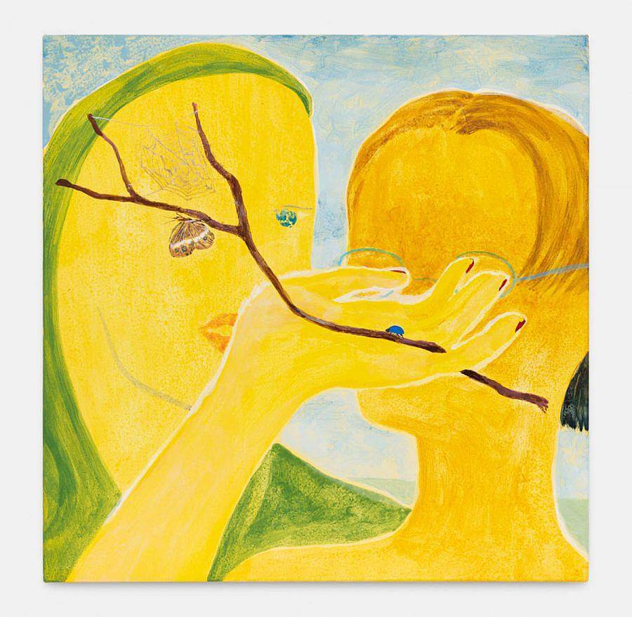 Image description: Two yellow figures stare into each other. the figure facing us holds their hand up to the other with a twig in their hand. On the twig is a spiderweb and moth.