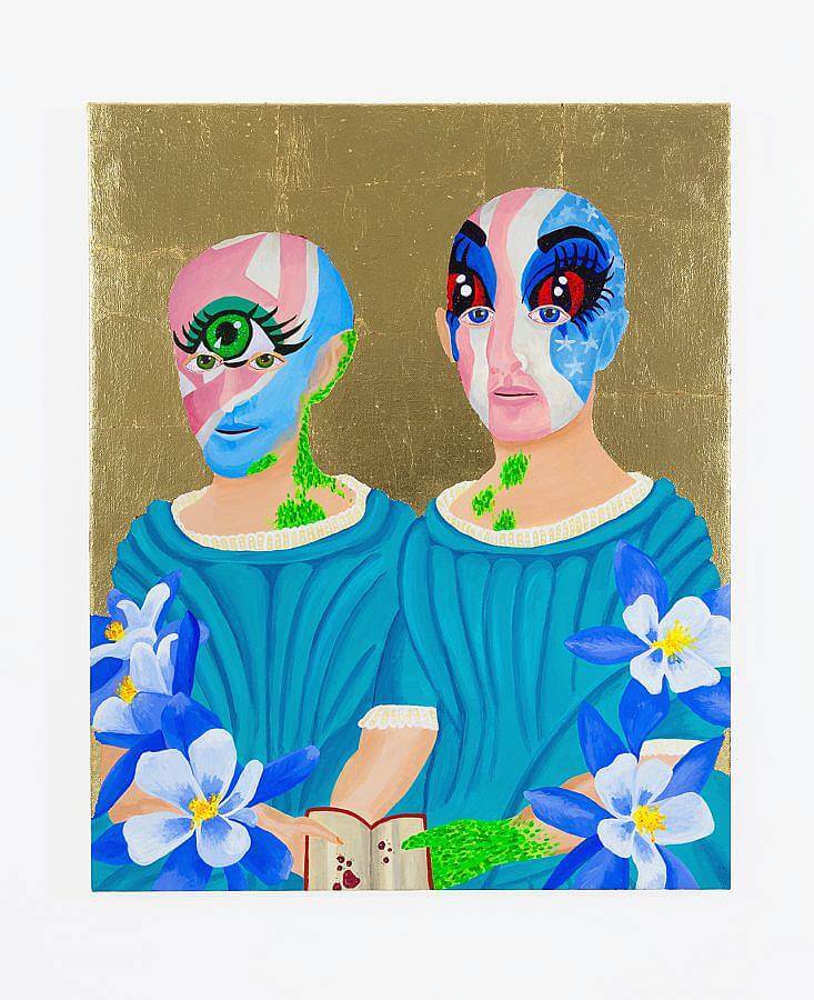 Image description: A painting of two white figures, who have reptilian skin showing beneath their skin are depicted. They have vibrant face paint on, the one on the left has a bright green eye and the one on the left has vibrant all-red eyes on their mask. They both wear blue fabric. The background is gold. Flowers frame the lower half of the painting.