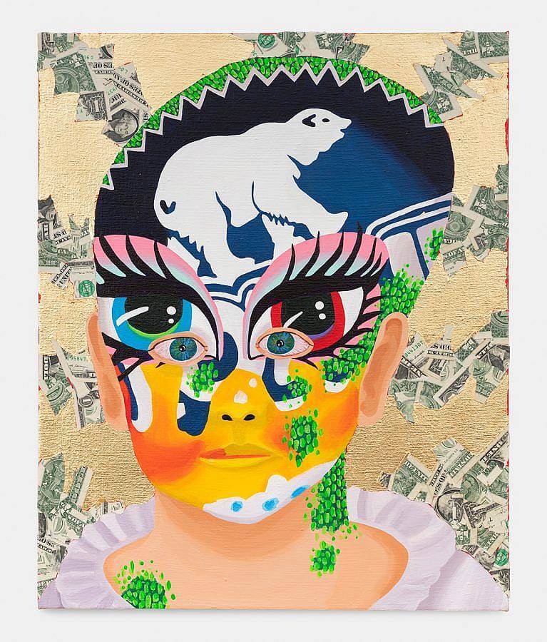 Image description: A painting of a child with an enlarged head wears face paint. This painting mask features a bright blue and bright red eye. Reptilian skin peaks out amidst the boy's other skin. The background is gold-leaf and fake money.