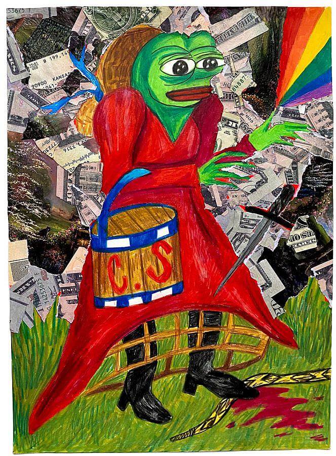 Image description: An illustrated drawing of pepe the frog is done in bright colored pencil. Pepe is dressed in a red petticoat dress, evoking Thomas Kinkade. The background is a collage of cut up fake u.s. cash. There is blood on the ground and pepe treads on a snake.