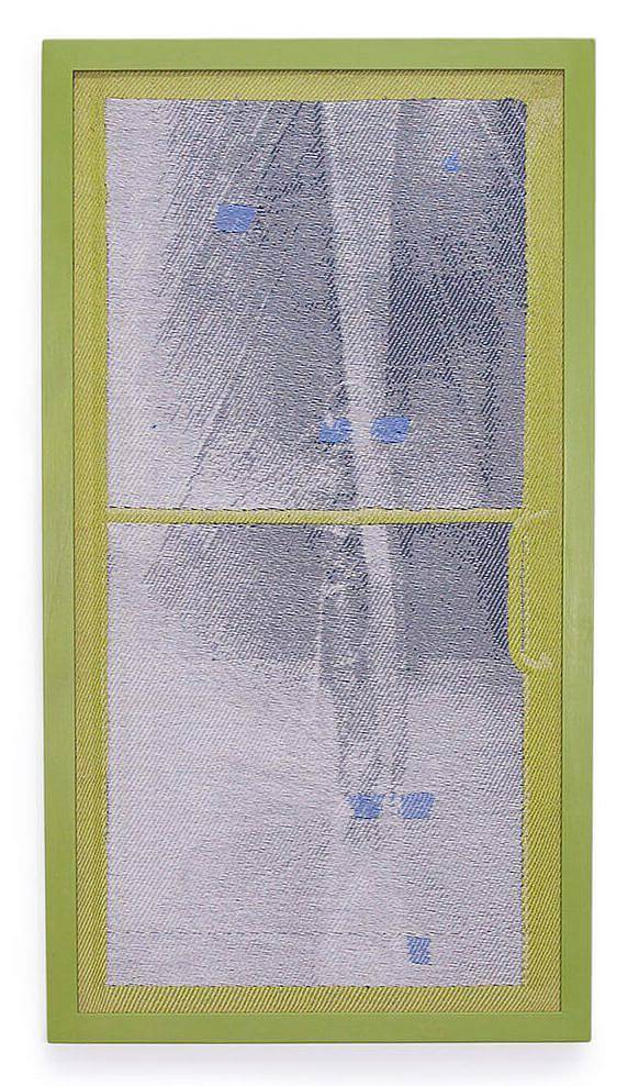 Image description: This is a woven image of a vertical rectangular window. The window frame is a light green, as is the frame, and through the window, in light grays, is what appears to be an icicle with the occasional light blue square.