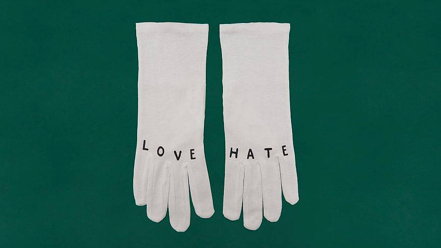 Image description: Two white gloves are displayed against a green background. The glove on the left reads "LOVE" on the knuckles, the one on the right reads " HATE".