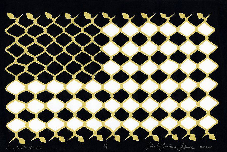 Image Description: This is a screen print on black paper of a chain link fence. The fence is a light tan and 3/4th of the centers are filled with white. The shape created through the white alludes to an American flag.