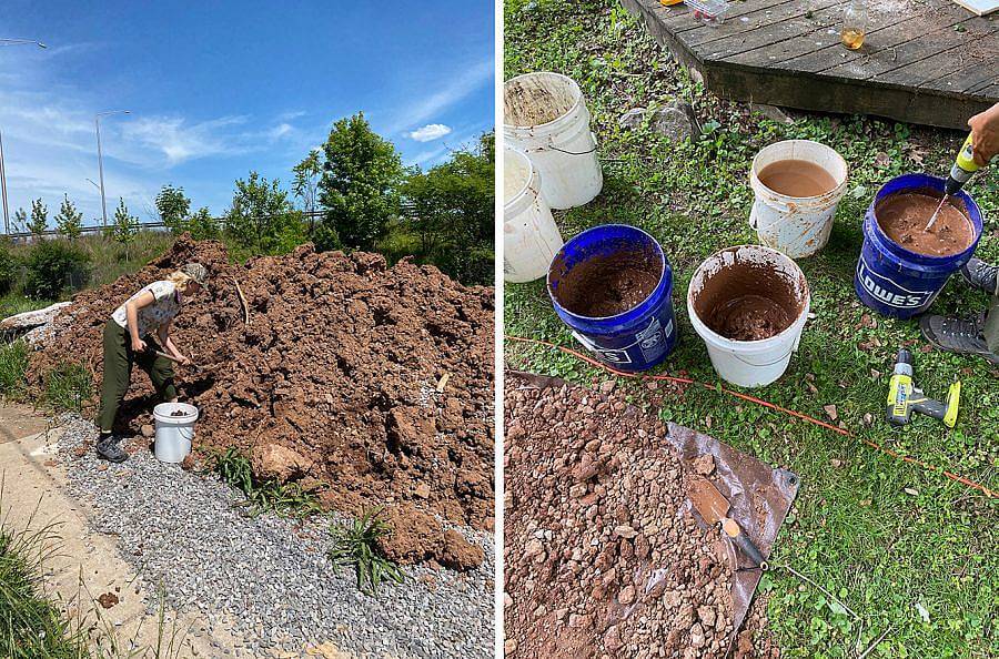 Image Description: There are two photos side by side. On the left is a photo of someone digging into a large pile of dirt and shoveling into a white industrial bucket. The photo to the right is taken from above of a set of industrial buckets filled with clay and being mixed.