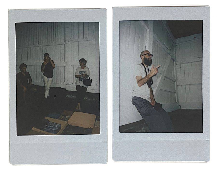 Image Description: These are two polaroid photos side by side of various visitors in the gallery space. Some are leaning on the walls or sitting and appear to be having a discussion.