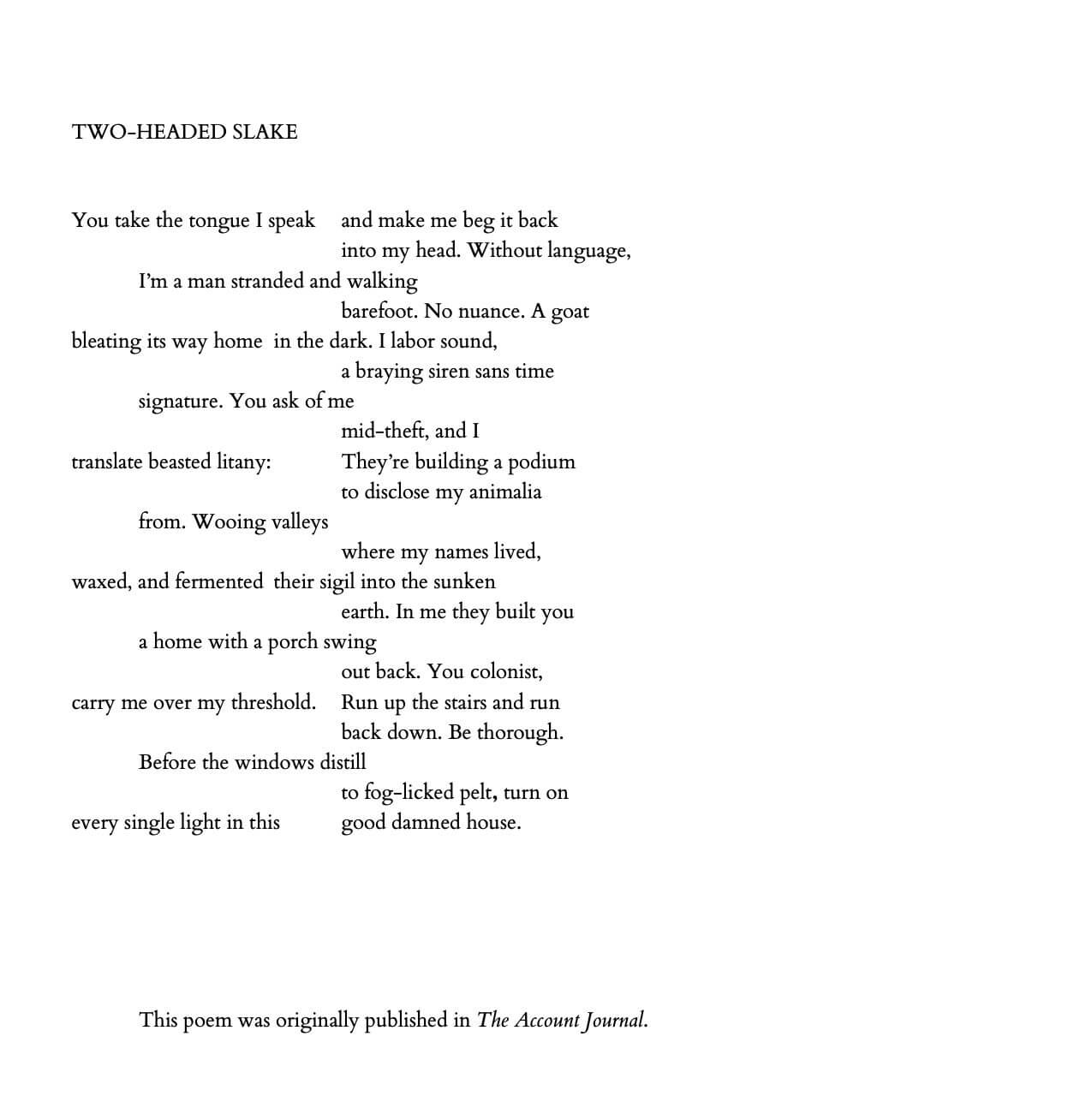 Poem: TWO-HEADED SLAKE - Xandria Phillips