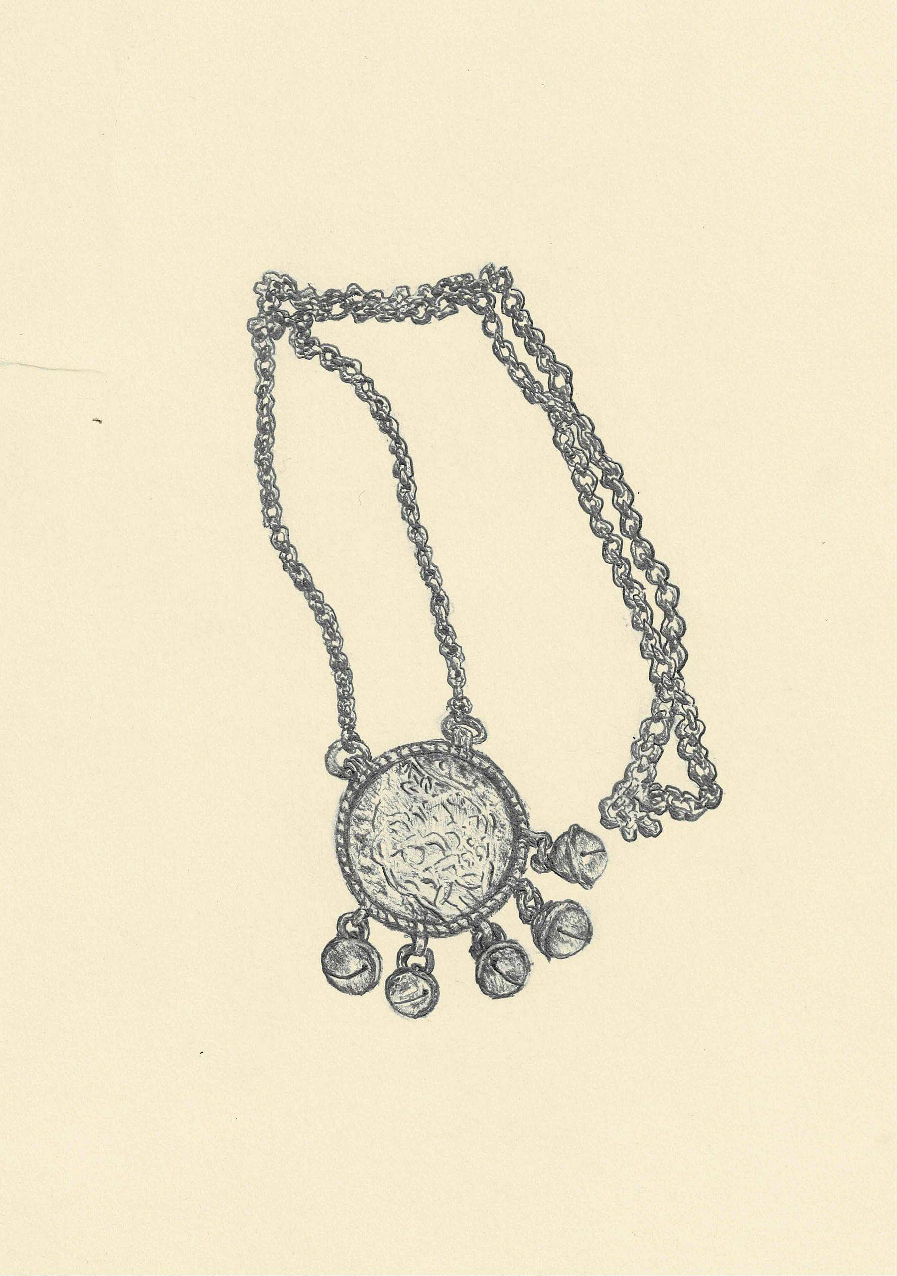 drawing of an amulet necklace inscribed with names of God